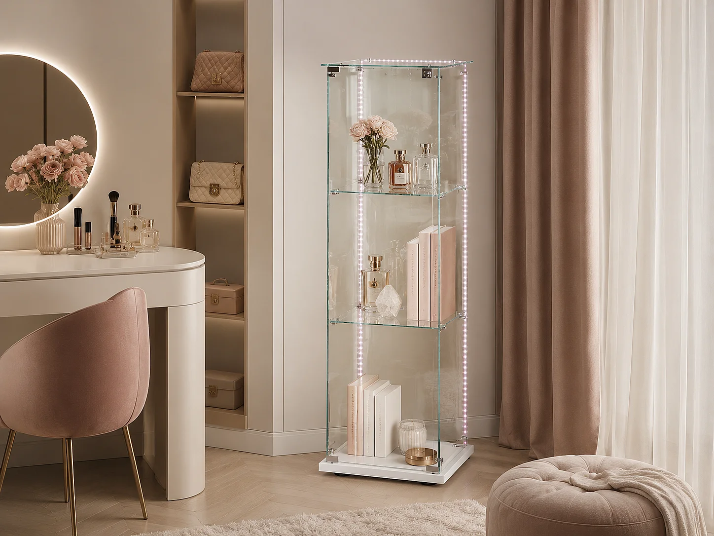 Vitrine en Verre avec LED, Armoir de Vitrine pour Collection Moderne avec 1 Portes et 3 étagères en Verre ESG, pour Le Bar, Le Salon, 123 x 40 x 35 cm, Blanc
