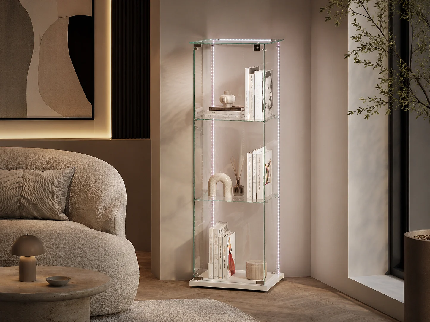 Vitrine en Verre avec LED, Armoir de Vitrine pour Collection Moderne avec 1 Portes et 3 étagères en Verre ESG, pour Le Bar, Le Salon, 123 x 40 x 35 cm, Blanc