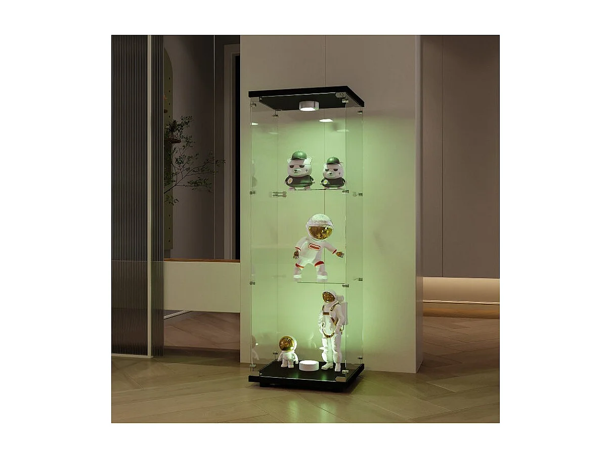 Vitrine en verre noire, colonne vitrine de salon, meuble vitrine moderne avec étagères, armoire vitrée pour décoration et rangement