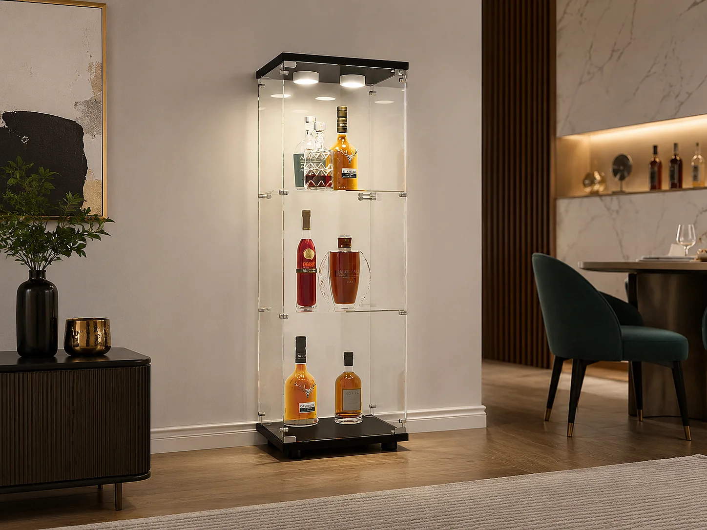 Vitrine en verre noire, colonne vitrine de salon, meuble vitrine moderne avec étagères, armoire vitrée pour décoration et rangement