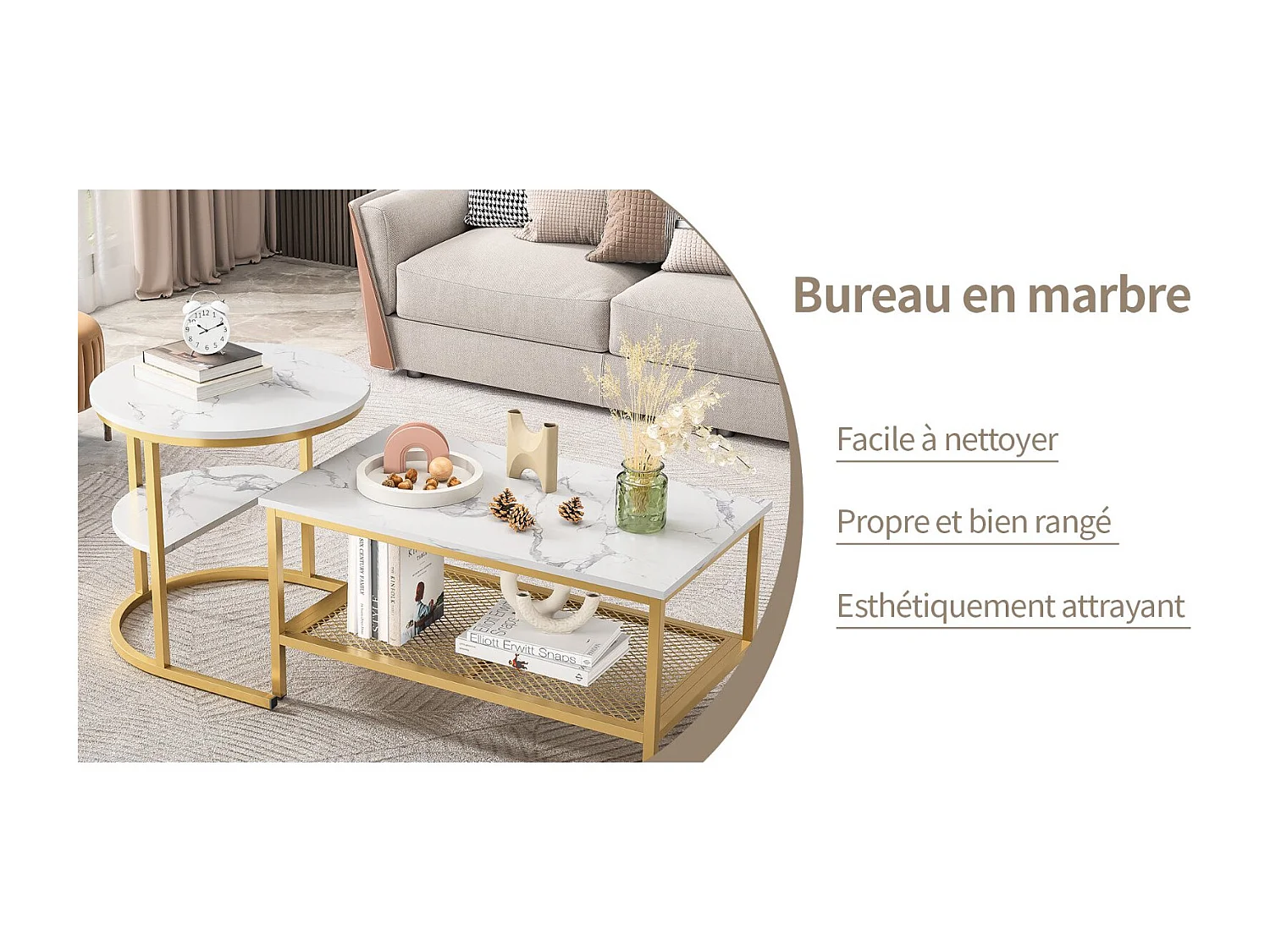 Table basse gigogne marbre et métal, lot de 2 tables basses design avec plateau effet marbre et rangement, salon moderne, doré