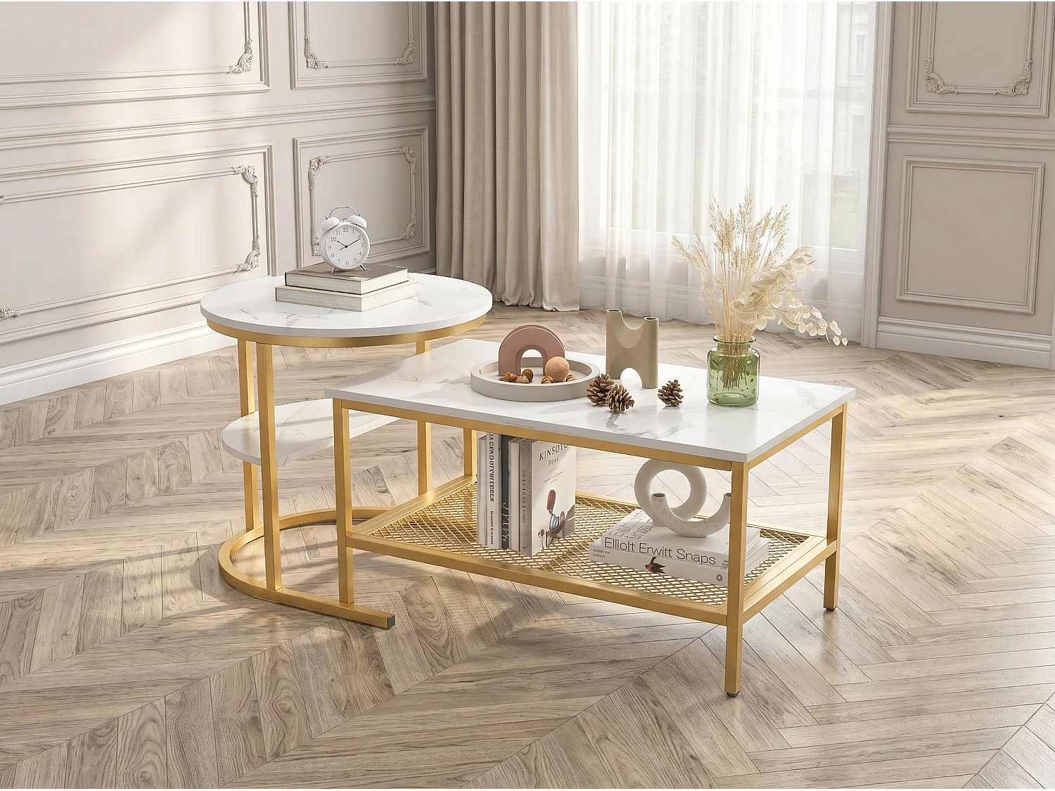 Table basse gigogne marbre et métal, lot de 2 tables basses design avec plateau effet marbre et rangement, salon moderne, doré