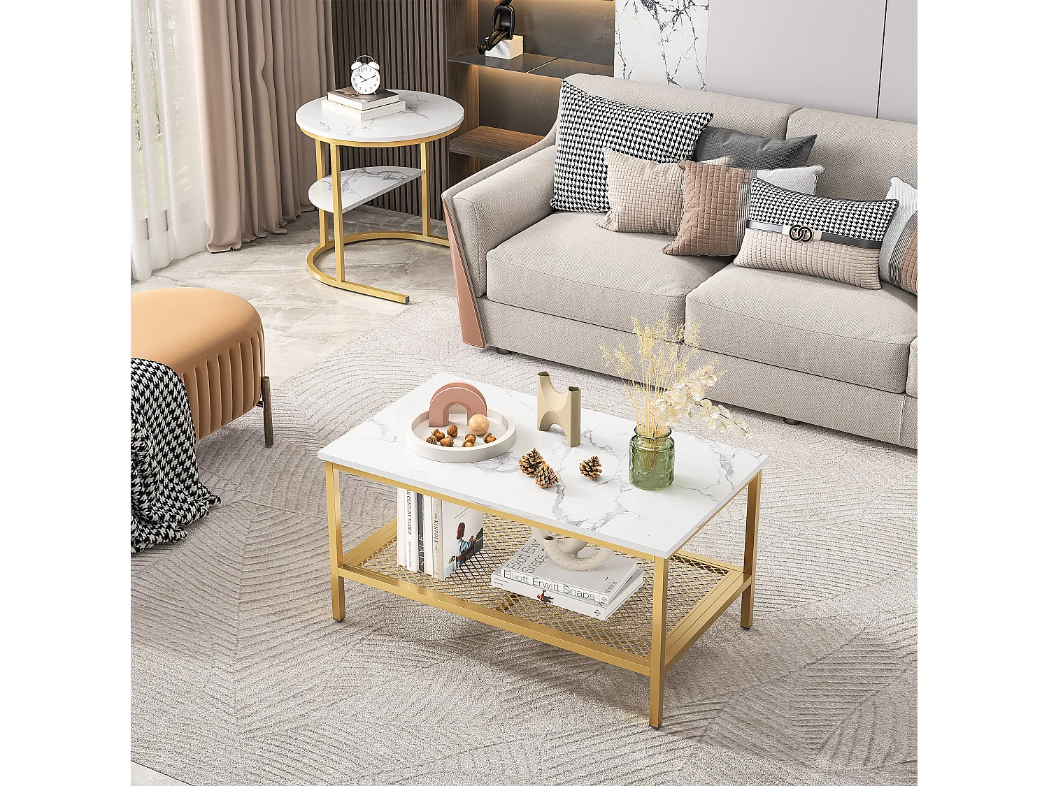 Table basse gigogne marbre et métal, lot de 2 tables basses design avec plateau effet marbre et rangement, salon moderne, doré