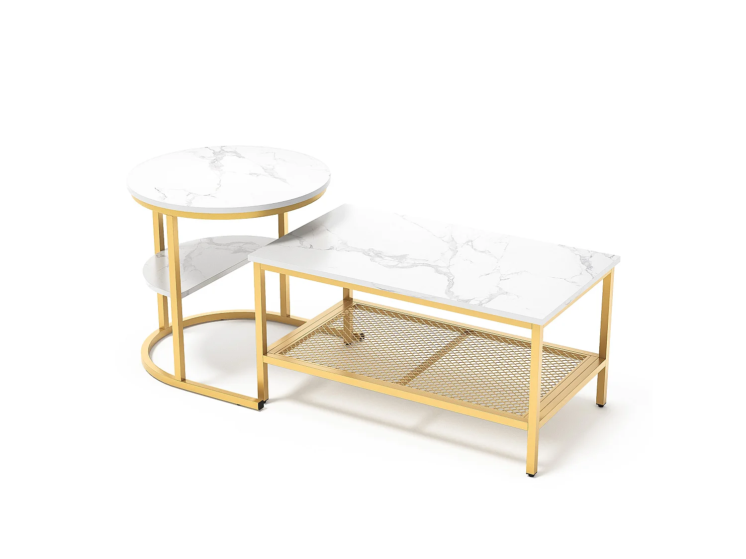 Table basse gigogne marbre et métal, lot de 2 tables basses design avec plateau effet marbre et rangement, salon moderne, doré