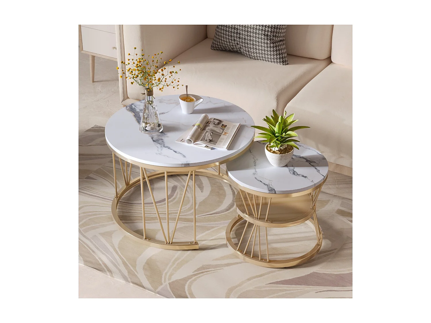 Lot de 2 tables basses gigognes rondes blanches effet marbre, table basse de salon moderne avec structure noire en métal