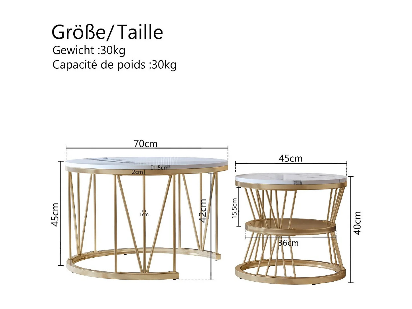 Lot de 2 tables basses gigognes rondes blanches effet marbre, table basse de salon moderne avec structure noire en métal