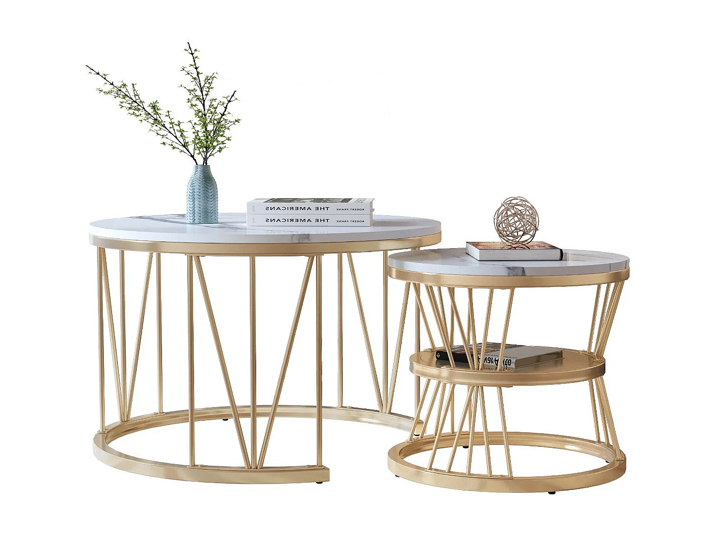 Lot de 2 tables basses gigognes rondes blanches effet marbre, table basse de salon moderne avec structure noire en métal