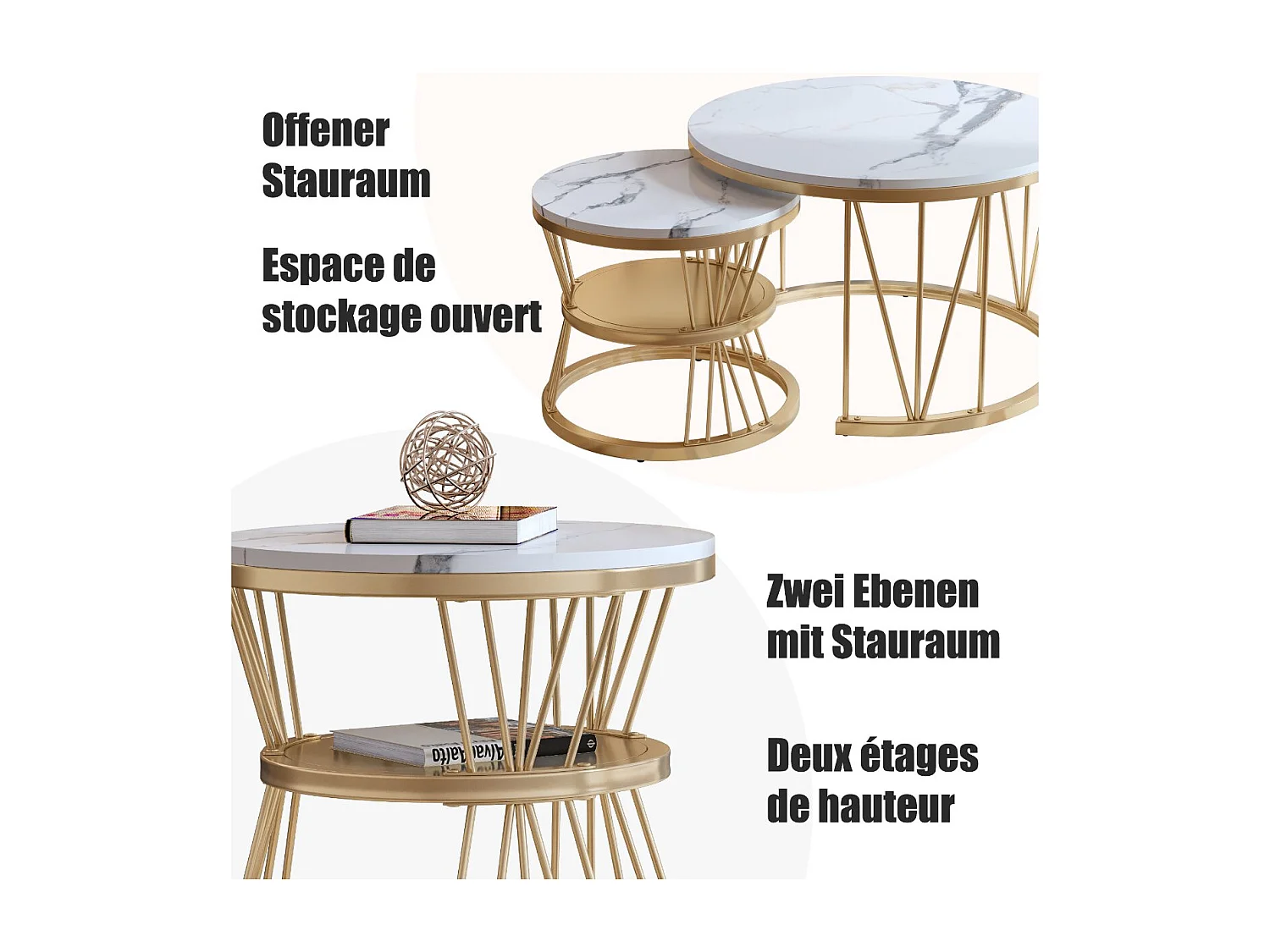 Lot de 2 tables basses gigognes rondes blanches effet marbre, table basse de salon moderne avec structure noire en métal