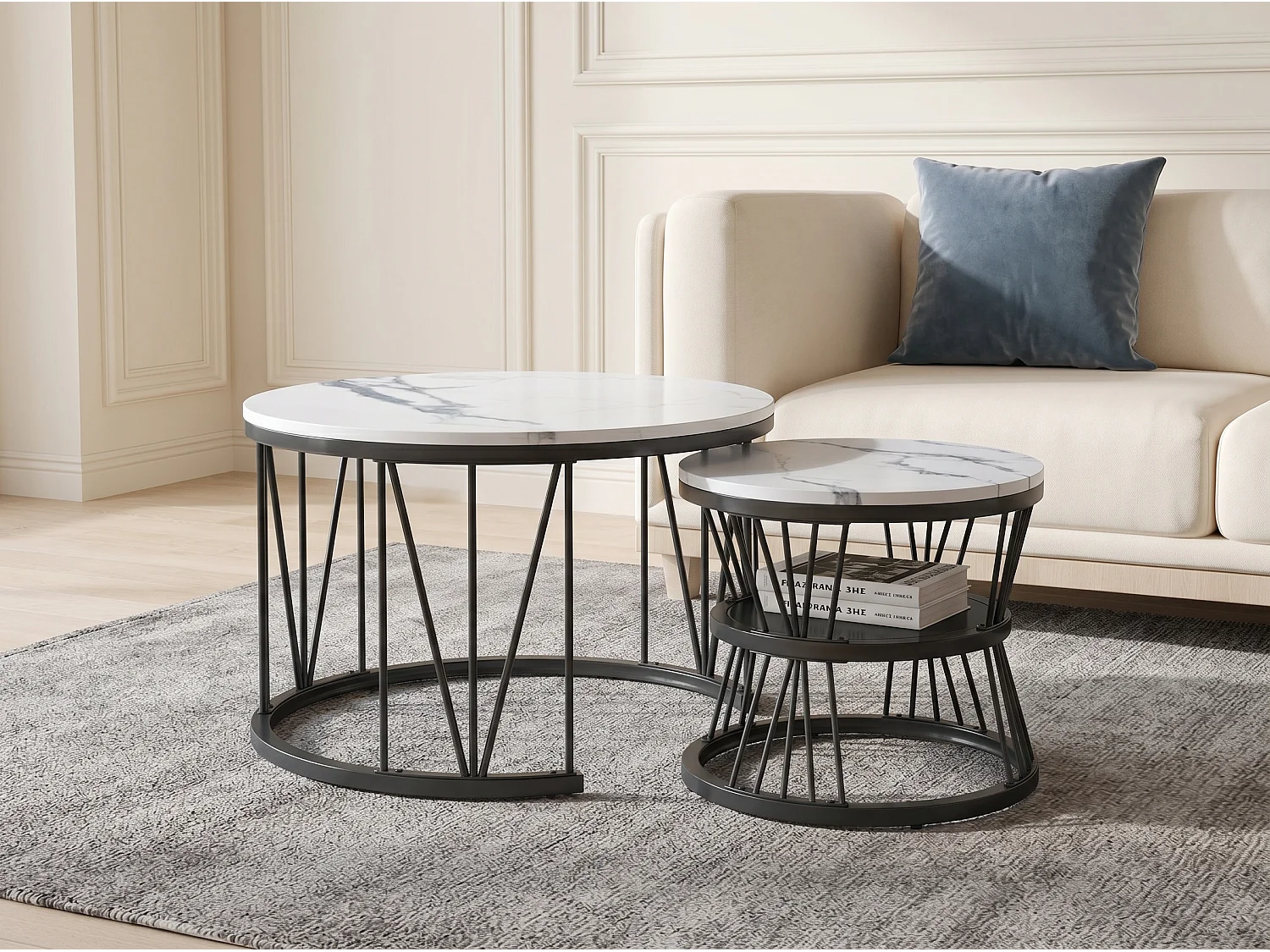 Lot de 2 tables basses gigognes rondes blanches effet marbre, table basse de salon moderne avec structure noire en métal