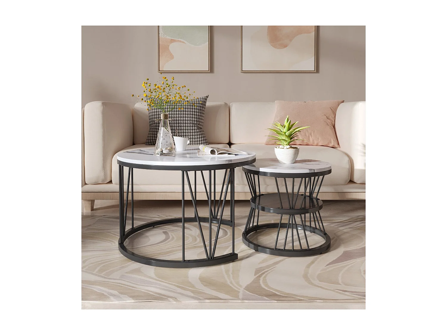 Lot de 2 tables basses gigognes rondes blanches effet marbre, table basse de salon moderne avec structure Doré en métal