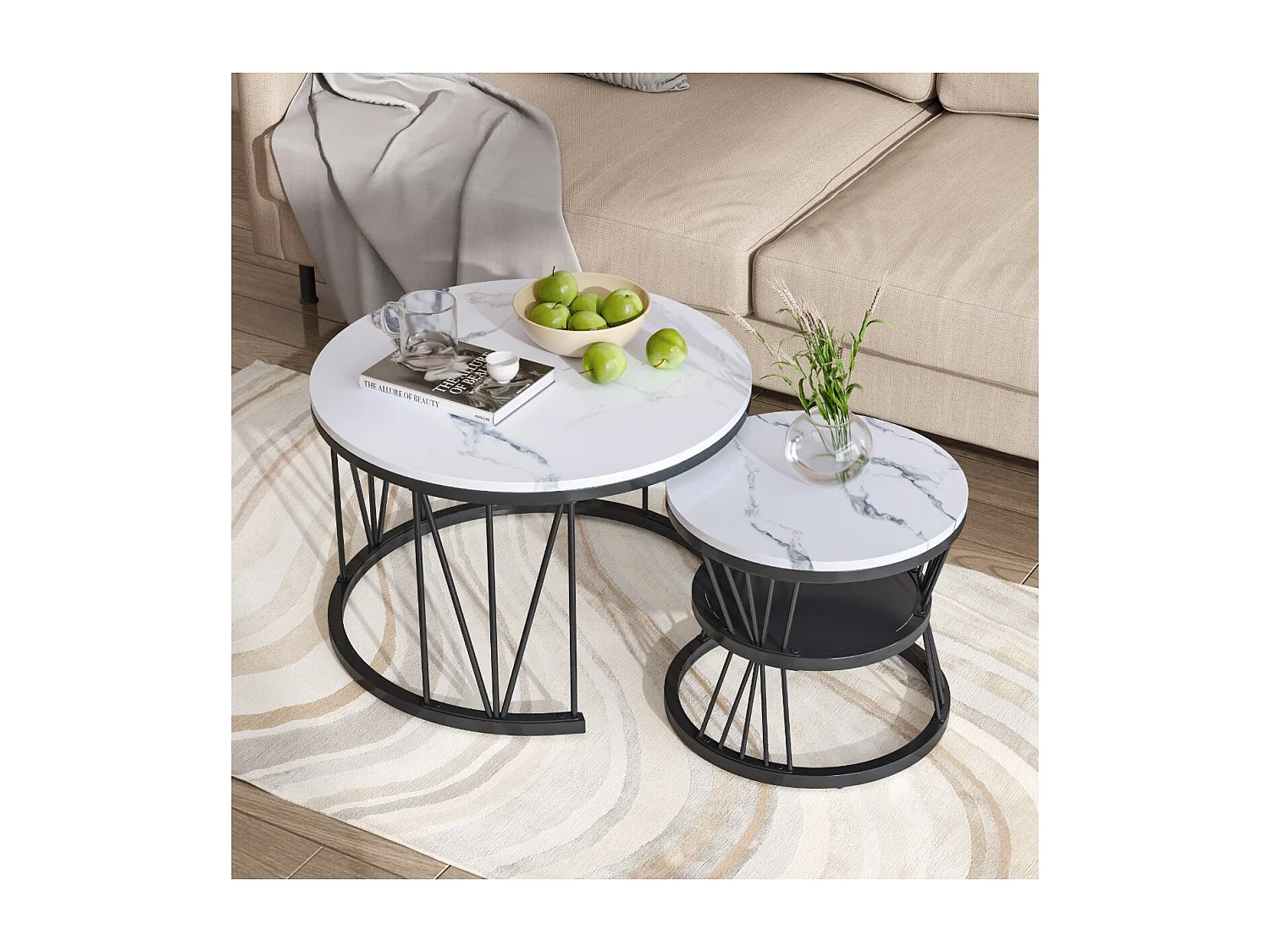 Lot de 2 tables basses gigognes rondes blanches effet marbre, table basse de salon moderne avec structure Doré en métal