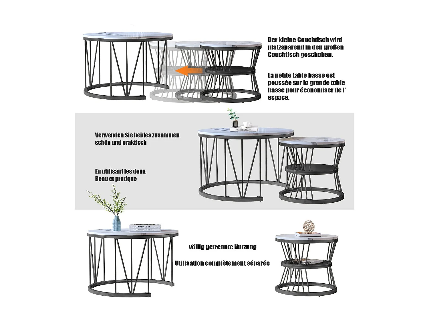 Lot de 2 tables basses gigognes rondes blanches effet marbre, table basse de salon moderne avec structure Doré en métal