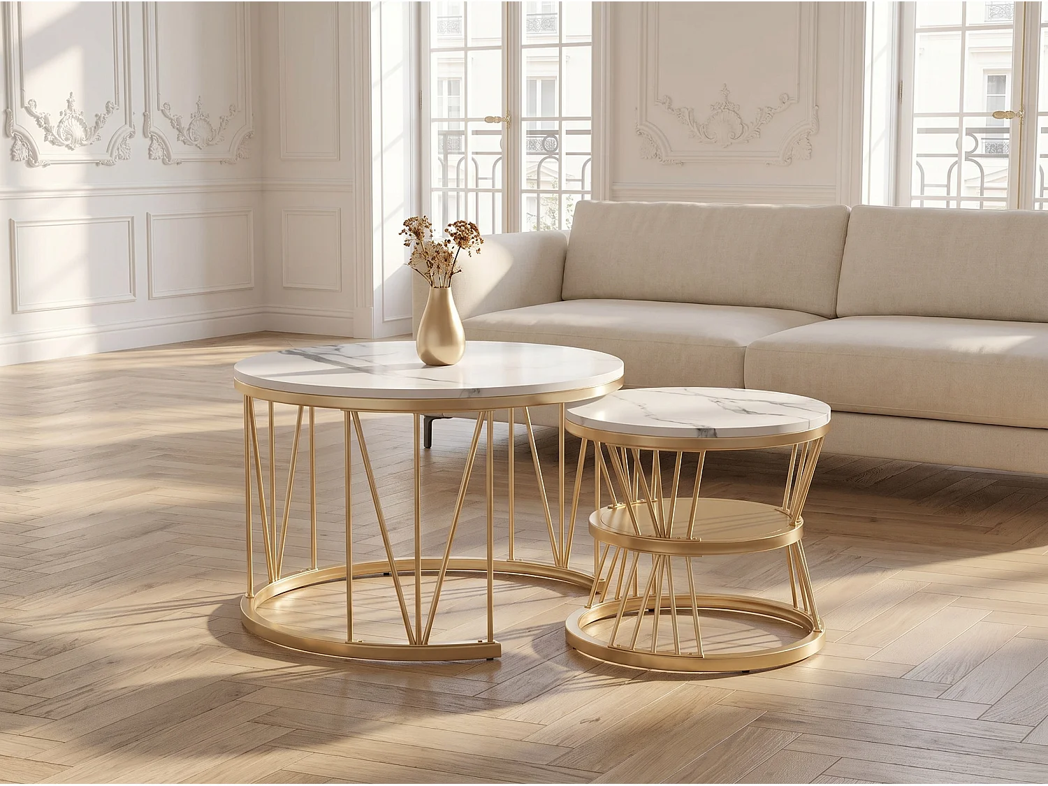 Lot de 2 tables basses gigognes rondes blanches effet marbre, table basse de salon moderne avec structure Doré en métal