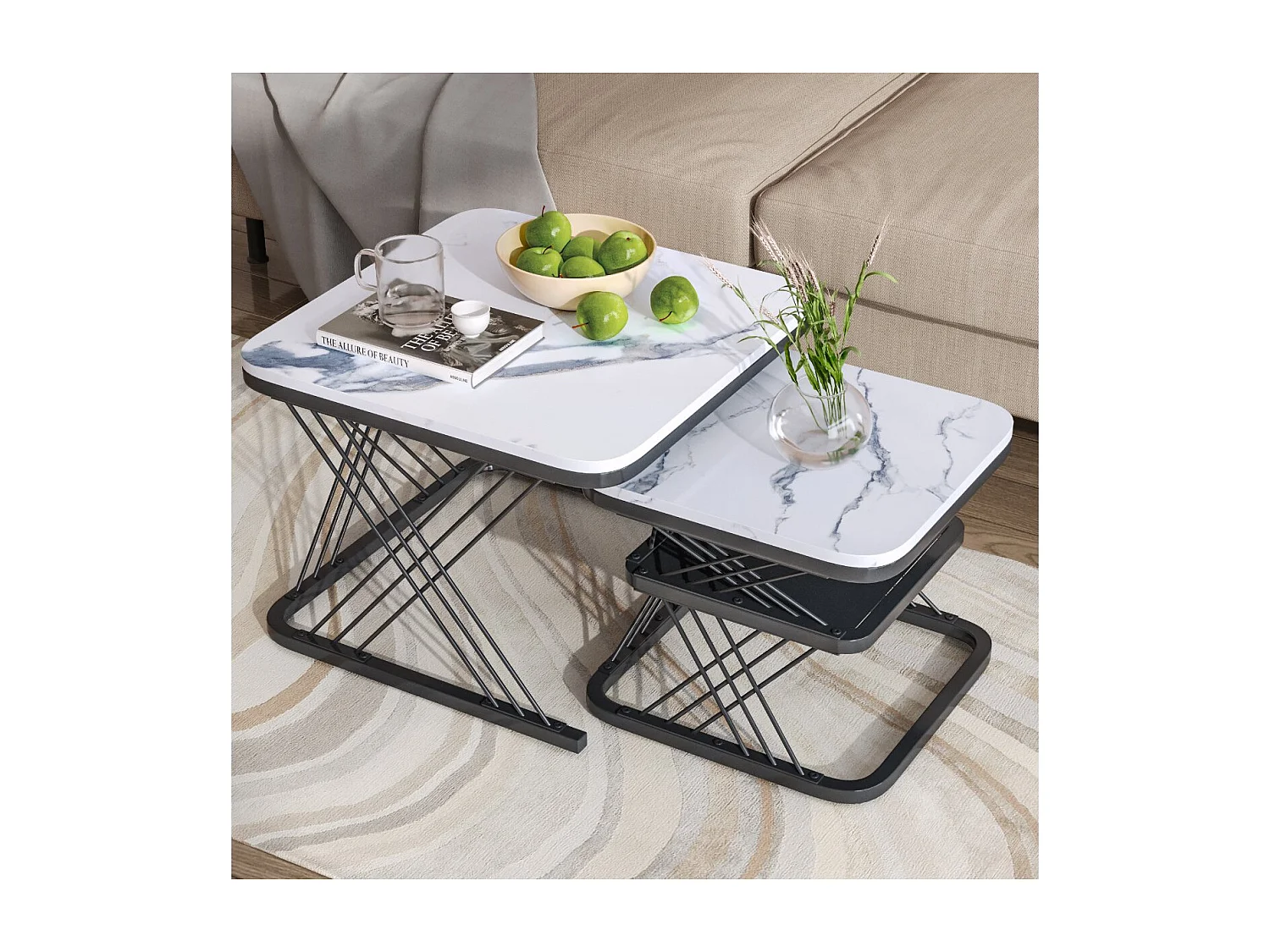 Lot de 2 tables basses gigognes blanches effet marbre, table basse de salon moderne avec structure en métal, noir ou doré
