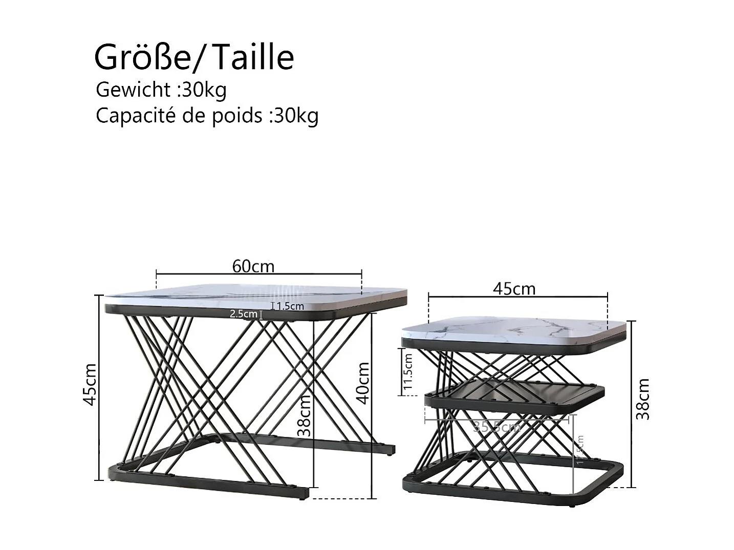 Lot de 2 tables basses gigognes blanches effet marbre, table basse de salon moderne avec structure en métal, noir ou doré