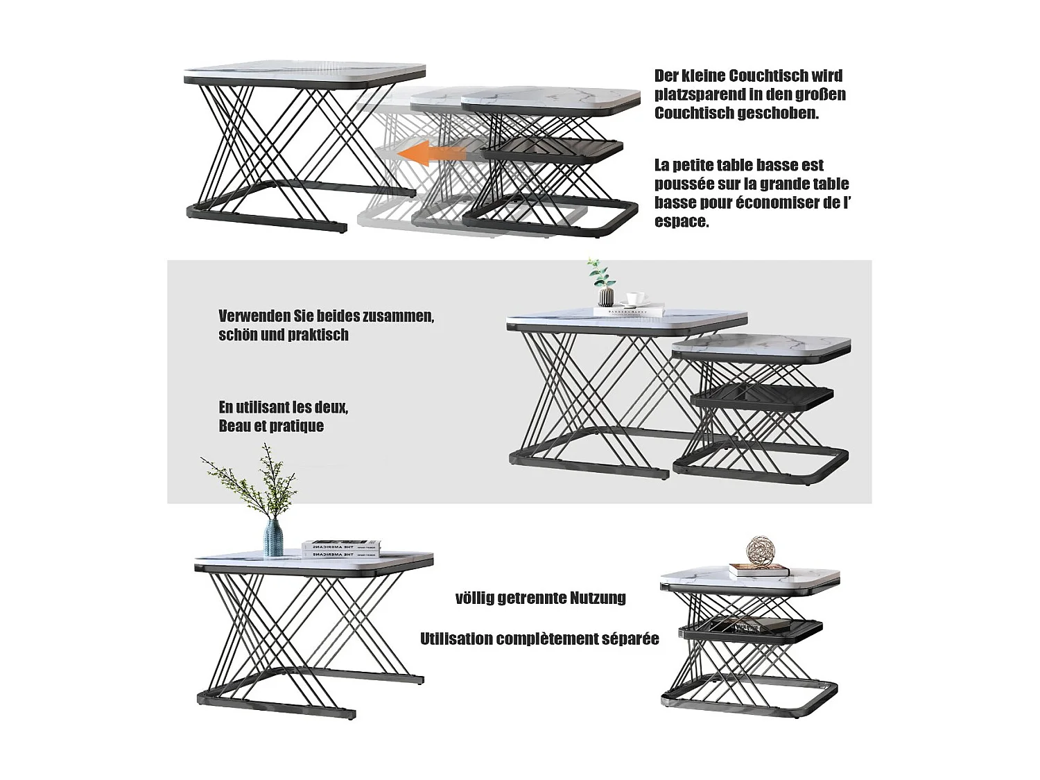 Lot de 2 tables basses gigognes blanches effet marbre, table basse de salon moderne avec structure en métal, noir ou doré