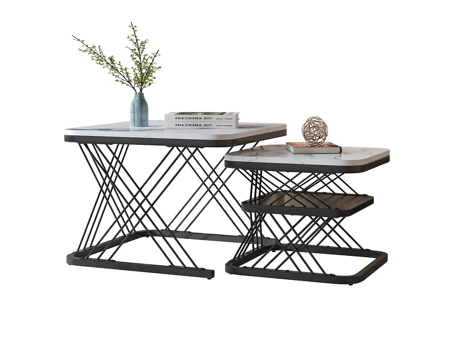 Lot de 2 tables basses gigognes blanches effet marbre, table basse de salon moderne avec structure en métal, noir ou doré