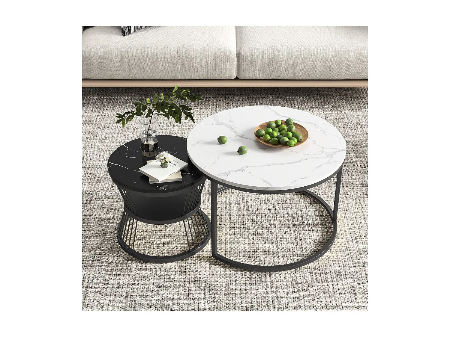 Lot de 2 tables basses gigognes rondes effet marbre, table basse de salon moderne avec structure en métal, Blanc