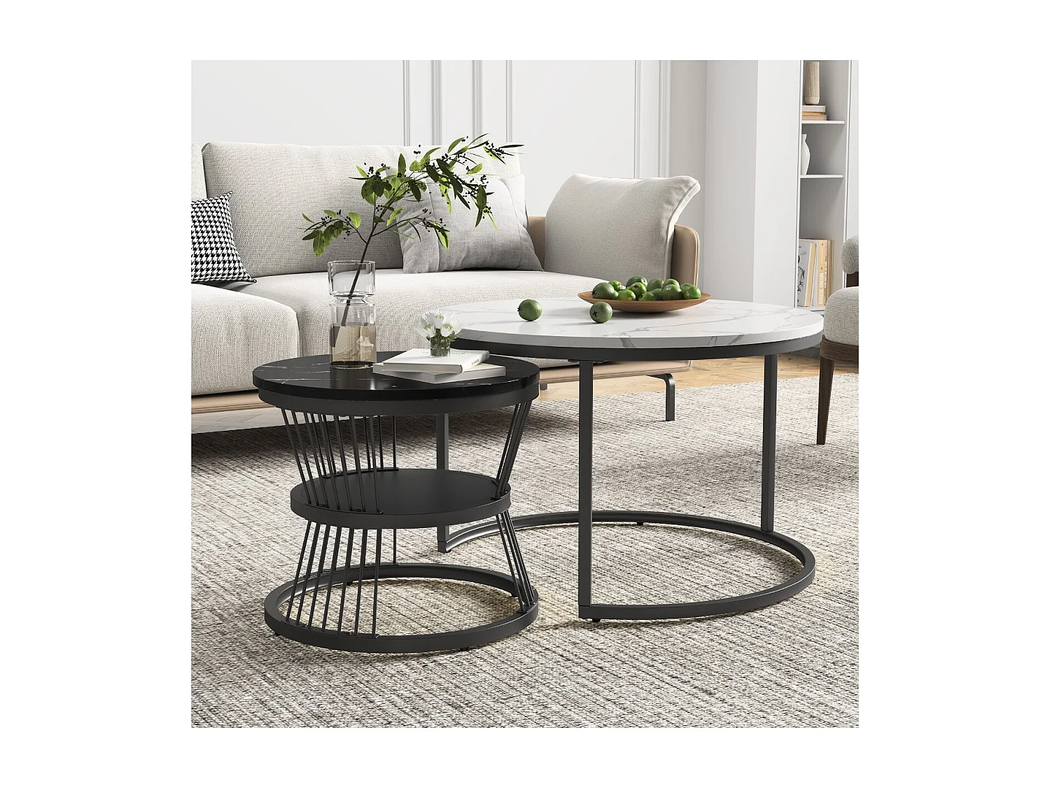 Lot de 2 tables basses gigognes rondes effet marbre, table basse de salon moderne avec structure en métal, Blanc