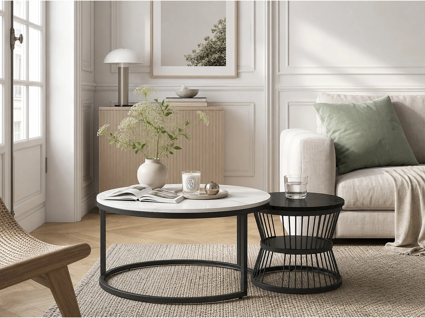 Lot de 2 tables basses gigognes rondes effet marbre, table basse de salon moderne avec structure en métal, Blanc