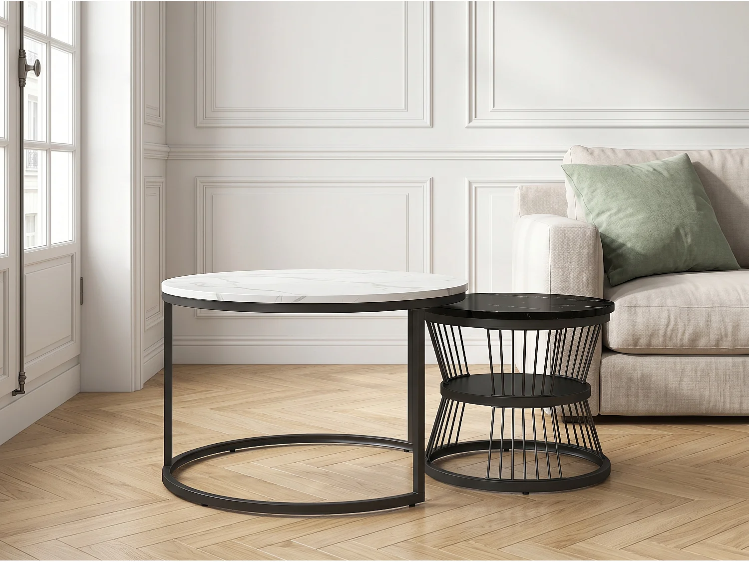 Lot de 2 tables basses gigognes rondes effet marbre, table basse de salon moderne avec structure en métal, Blanc