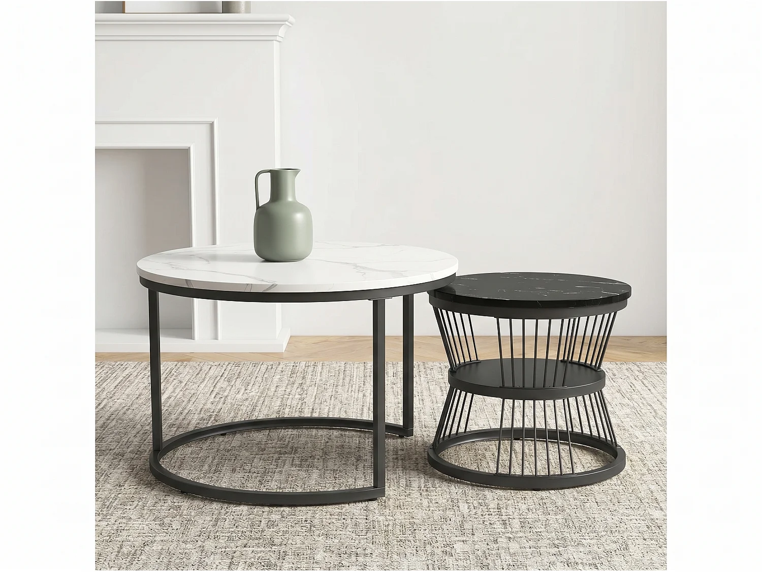 Lot de 2 tables basses gigognes rondes effet marbre, table basse de salon moderne avec structure en métal, Blanc