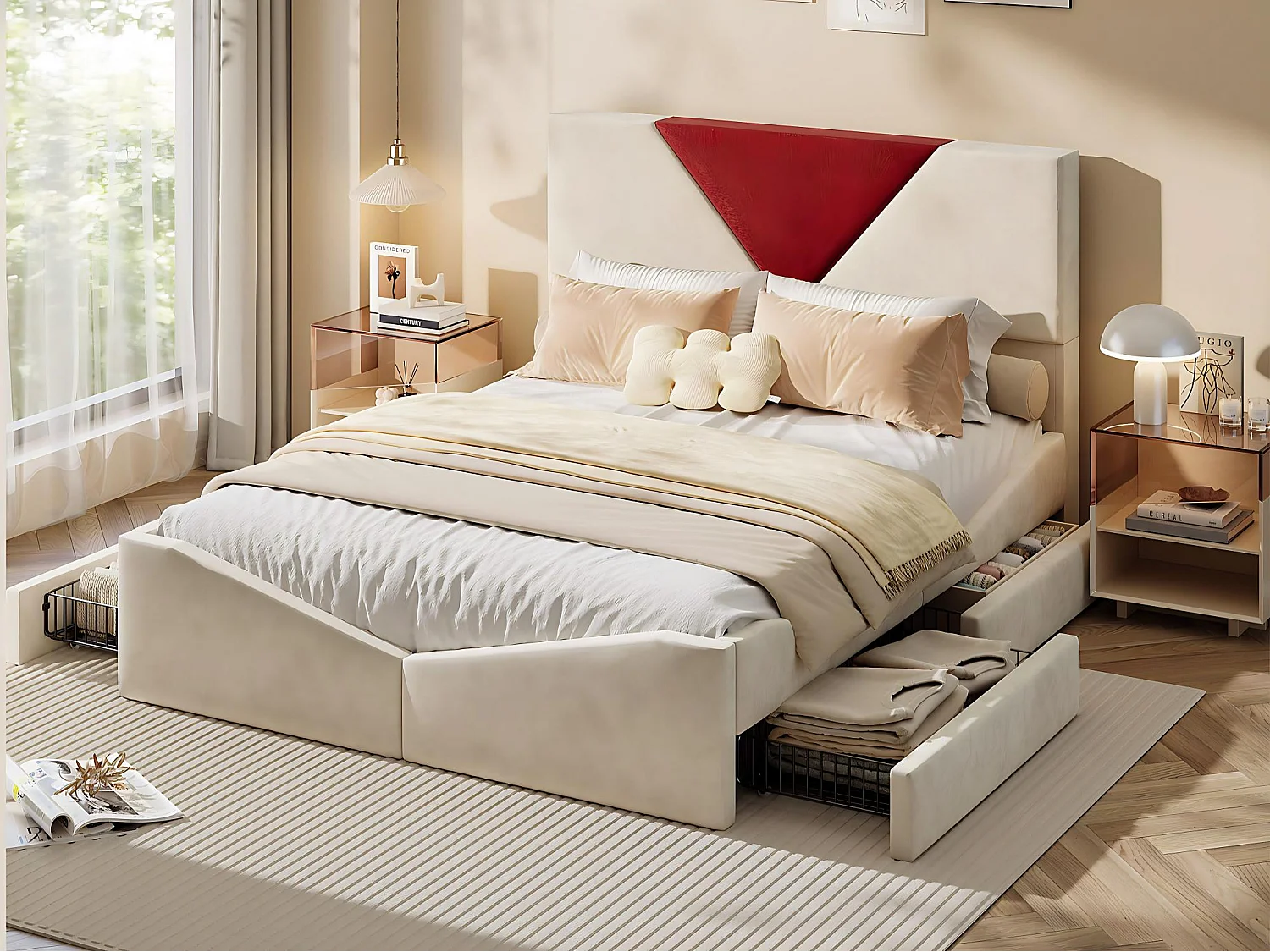 Lit 160x200 avec rangement, lit coffre tissu, tête de lit rembourrée bicolore, cadre avec sommier à lattes