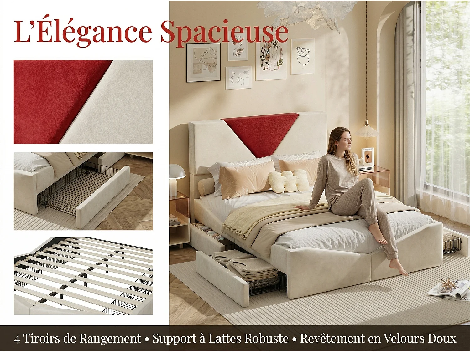Lit 160x200 cm - Rangement sous lit - Lit coffre tissu - Tête de lit rembourrée bicolore - Sommier à lattes inclus
