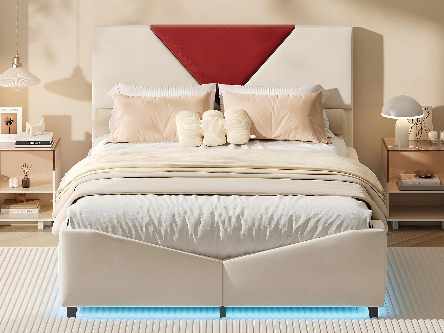 Lit 140x200 cm avec rangement latéral, cadre de lit rembourré bicolore, grande capacité, sommier à lattes, design moderne