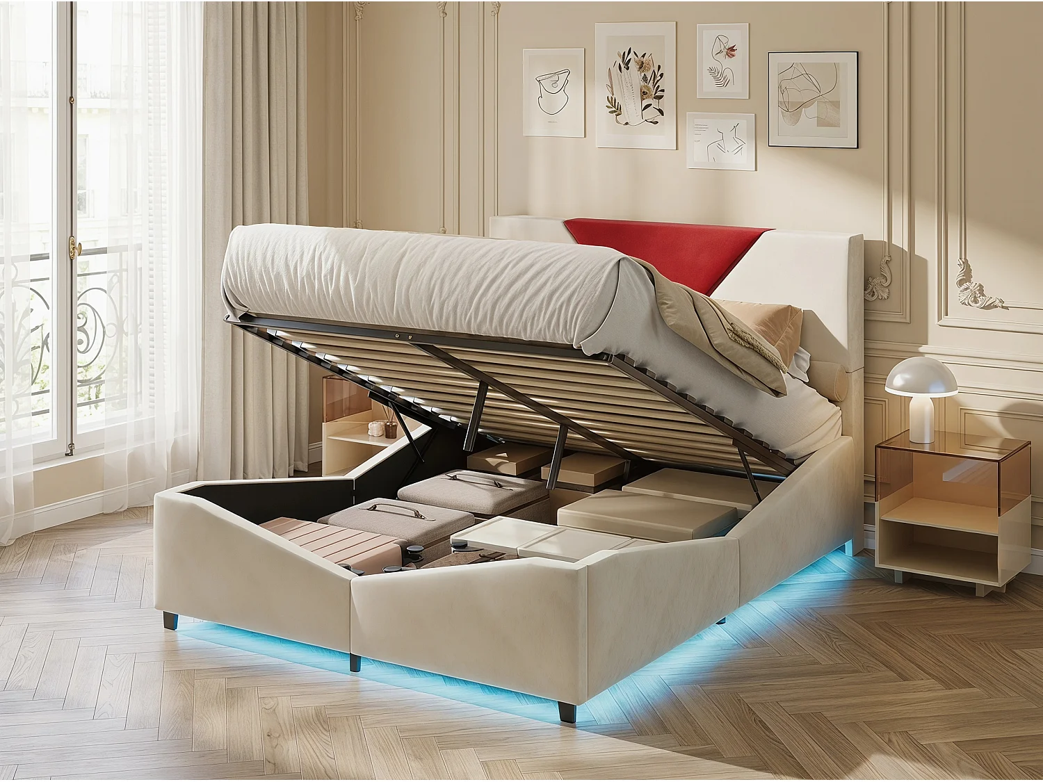 Lit double 140x200 cm - Lit 140x200 cm avec rangement, design triangulaire, tête de lit LED réglable- Beige