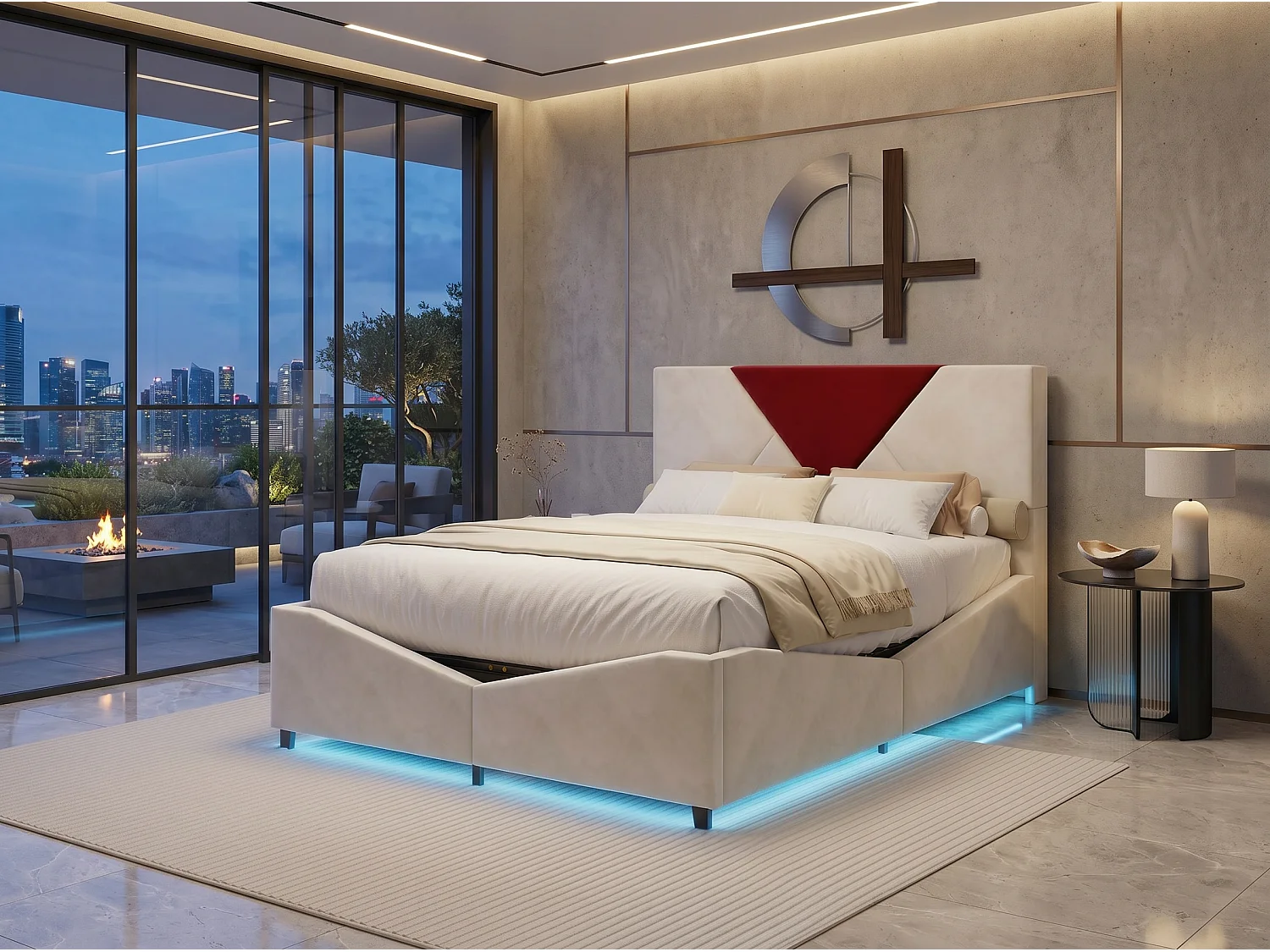 Lit double 140x200 cm - Lit 140x200 cm avec rangement, design triangulaire, tête de lit LED réglable- Beige