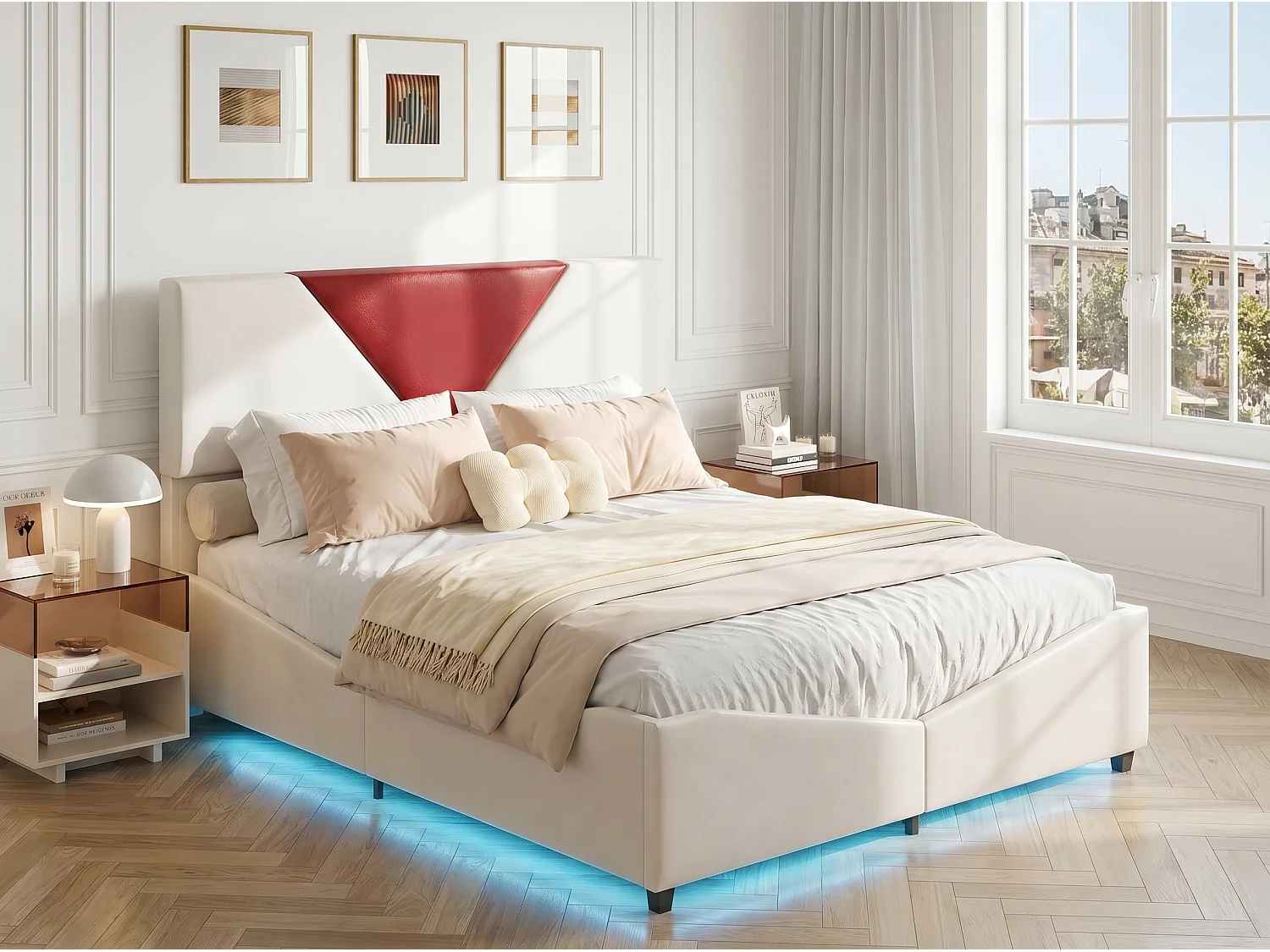 Lit double 140x200 cm - Lit 140x200 cm avec rangement, design triangulaire, tête de lit LED réglable- Beige