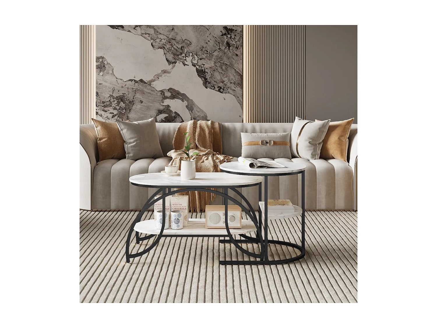 Lot de 2 tables basses gigognes avec rangement, table basse salon noir, plateau effet marbre et structure métal moderne