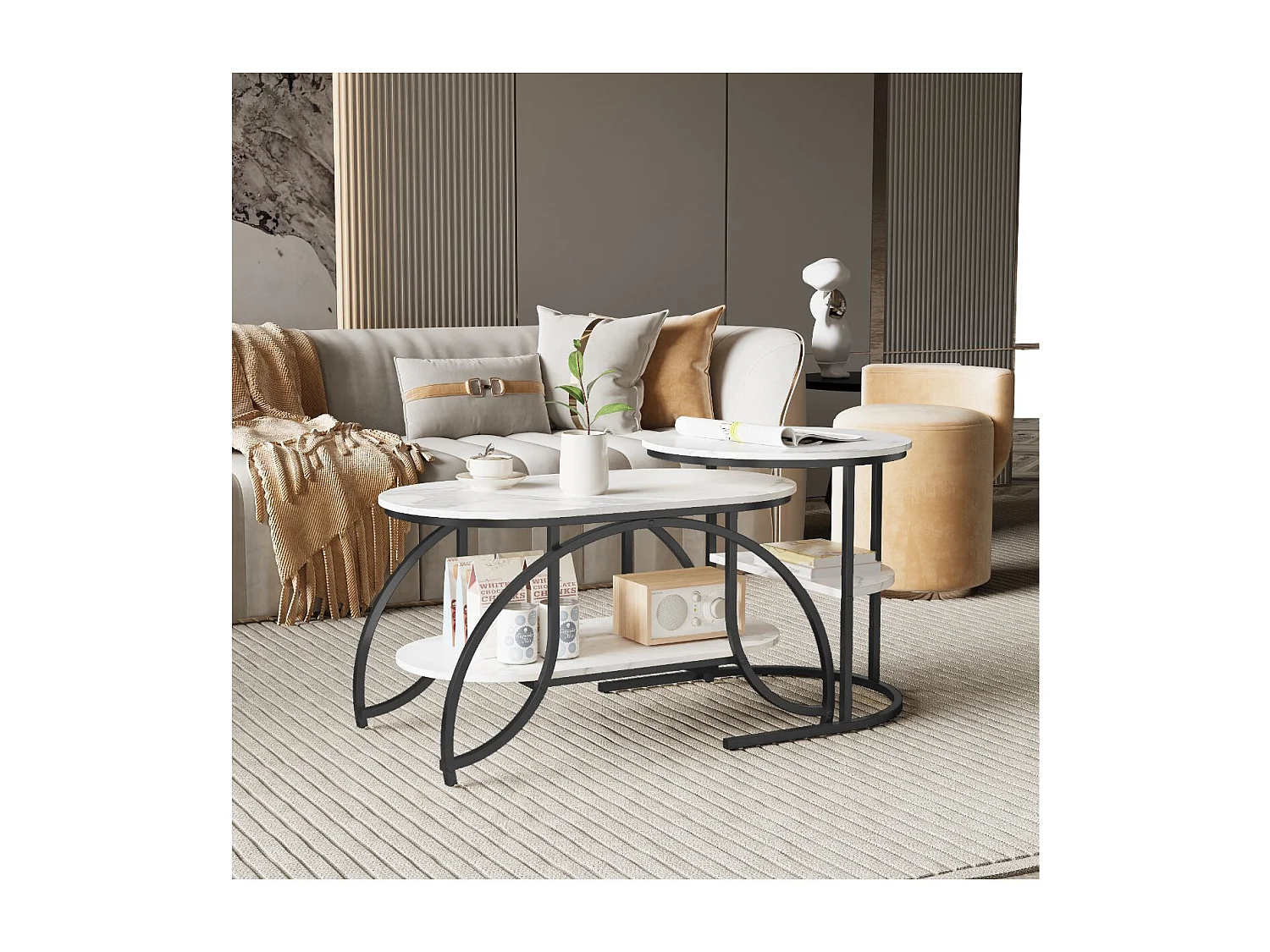 Lot de 2 tables basses gigognes avec rangement, table basse salon noir, plateau effet marbre et structure métal moderne