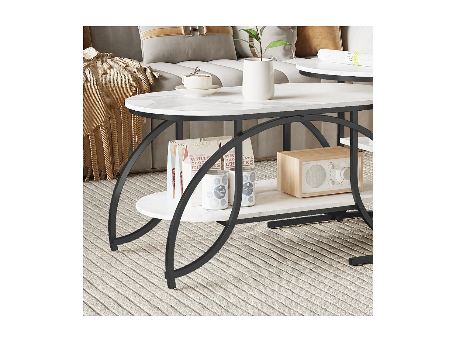 Lot de 2 tables basses gigognes avec rangement, table basse salon noir, plateau effet marbre et structure métal moderne