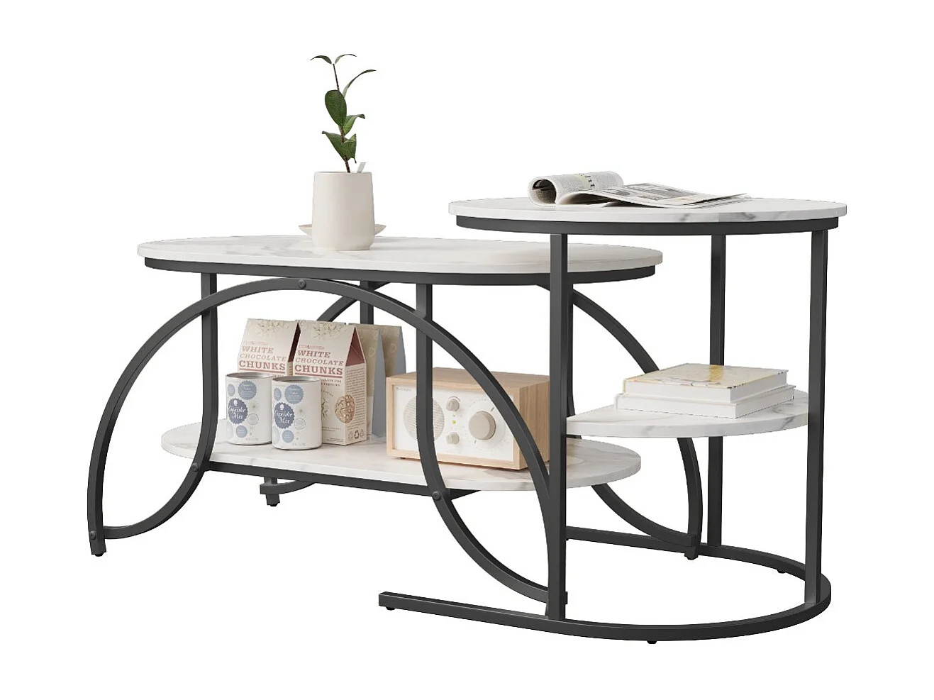 Lot de 2 tables basses gigognes avec rangement, table basse salon noir, plateau effet marbre et structure métal moderne