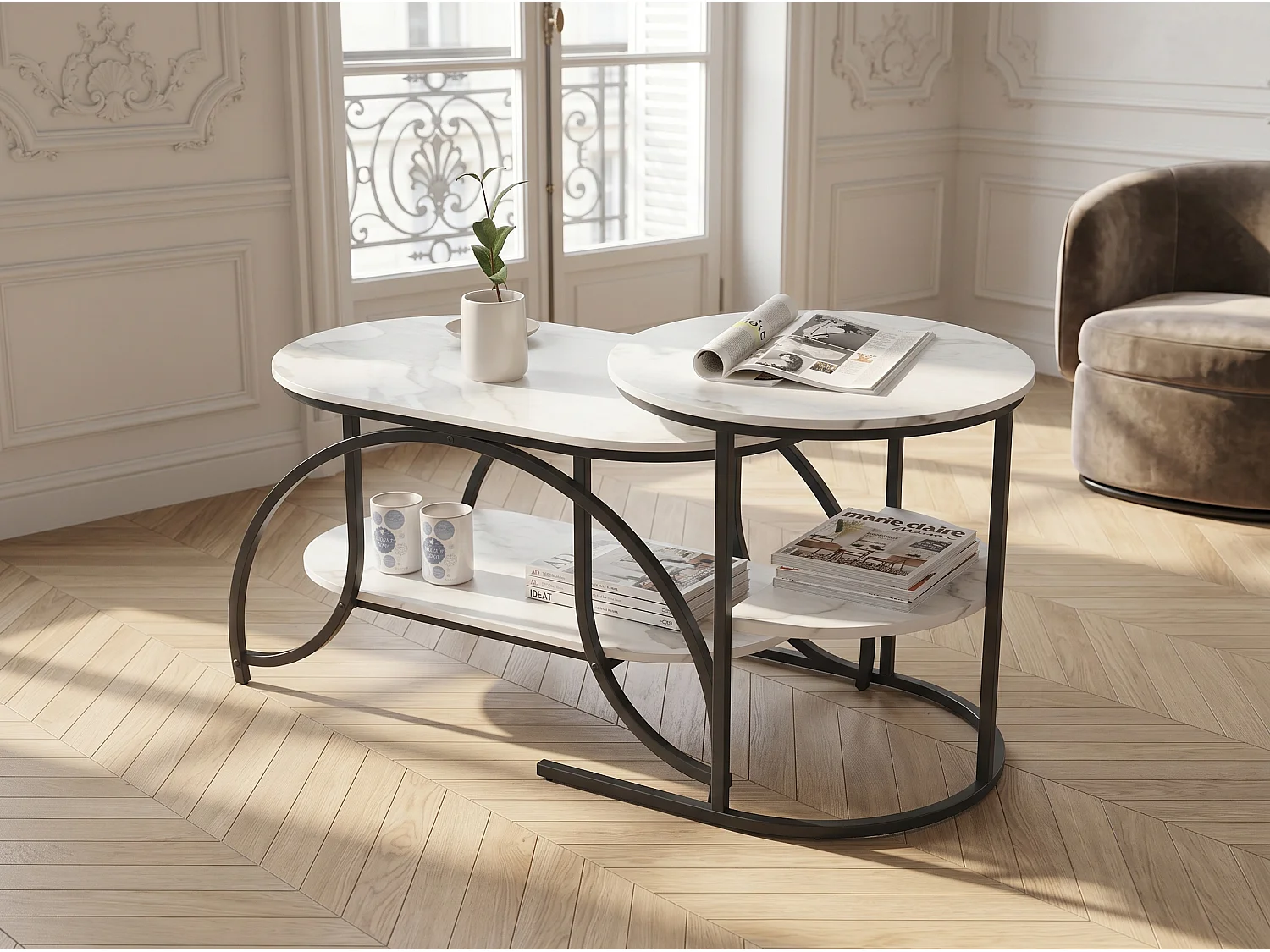 Lot de 2 tables basses gigognes avec rangement, table basse salon noir, plateau effet marbre et structure métal moderne