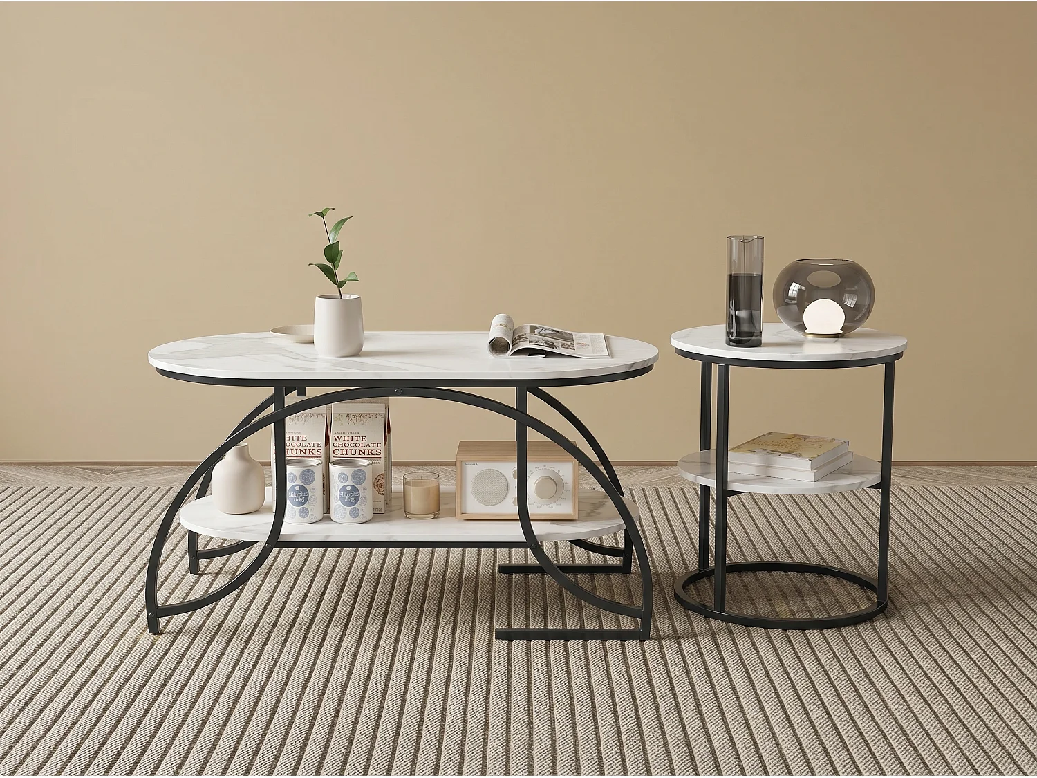 Lot de 2 tables basses gigognes avec rangement, table basse salon noir, plateau effet marbre et structure métal moderne