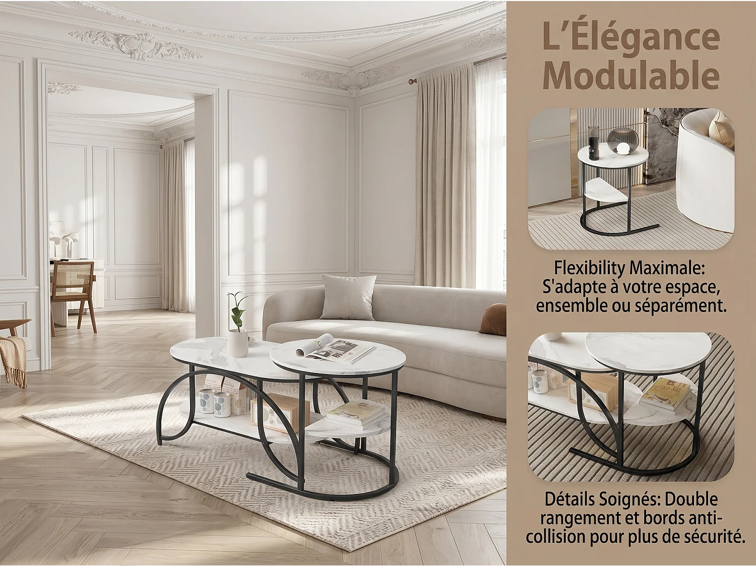Lot de 2 tables basses gigognes avec rangement, table basse salon noir, plateau effet marbre et structure métal moderne
