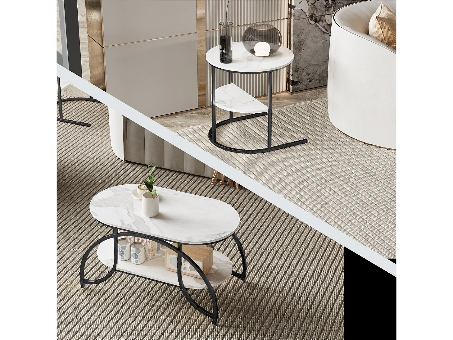 Lot de 2 tables basses gigognes avec rangement, table basse salon noir, plateau effet marbre et structure métal moderne