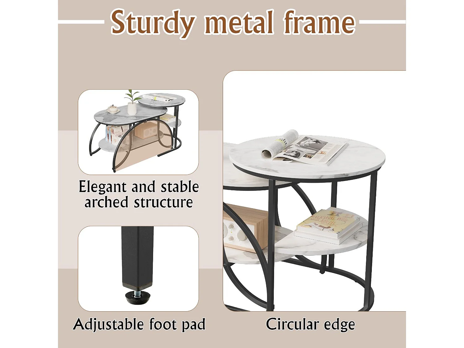 Lot de 2 tables basses gigognes avec rangement, table basse salon noir, plateau effet marbre et structure métal moderne