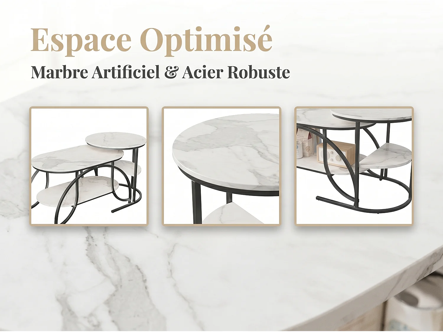 Lot de 2 tables basses gigognes avec rangement, table basse salon noir, plateau effet marbre et structure métal moderne
