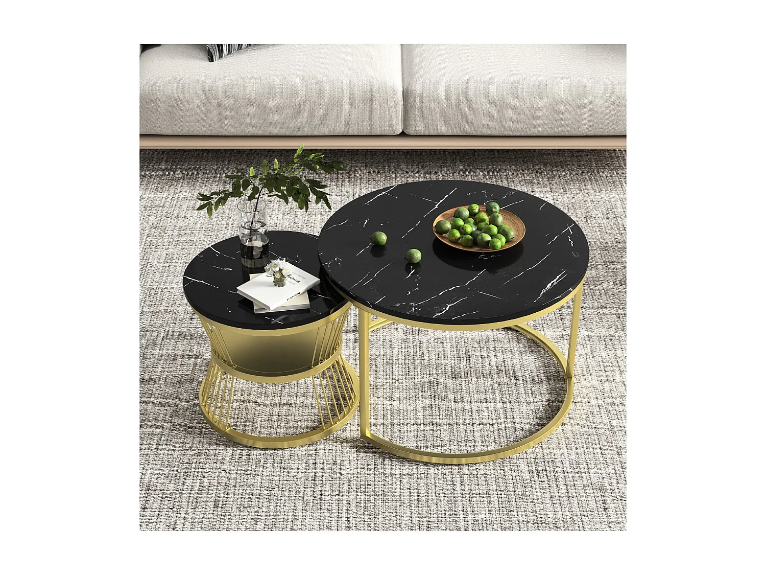 Lot de 2 tables basses gigognes rondes effet marbre, table basse de salon moderne avec structure en métal, noir