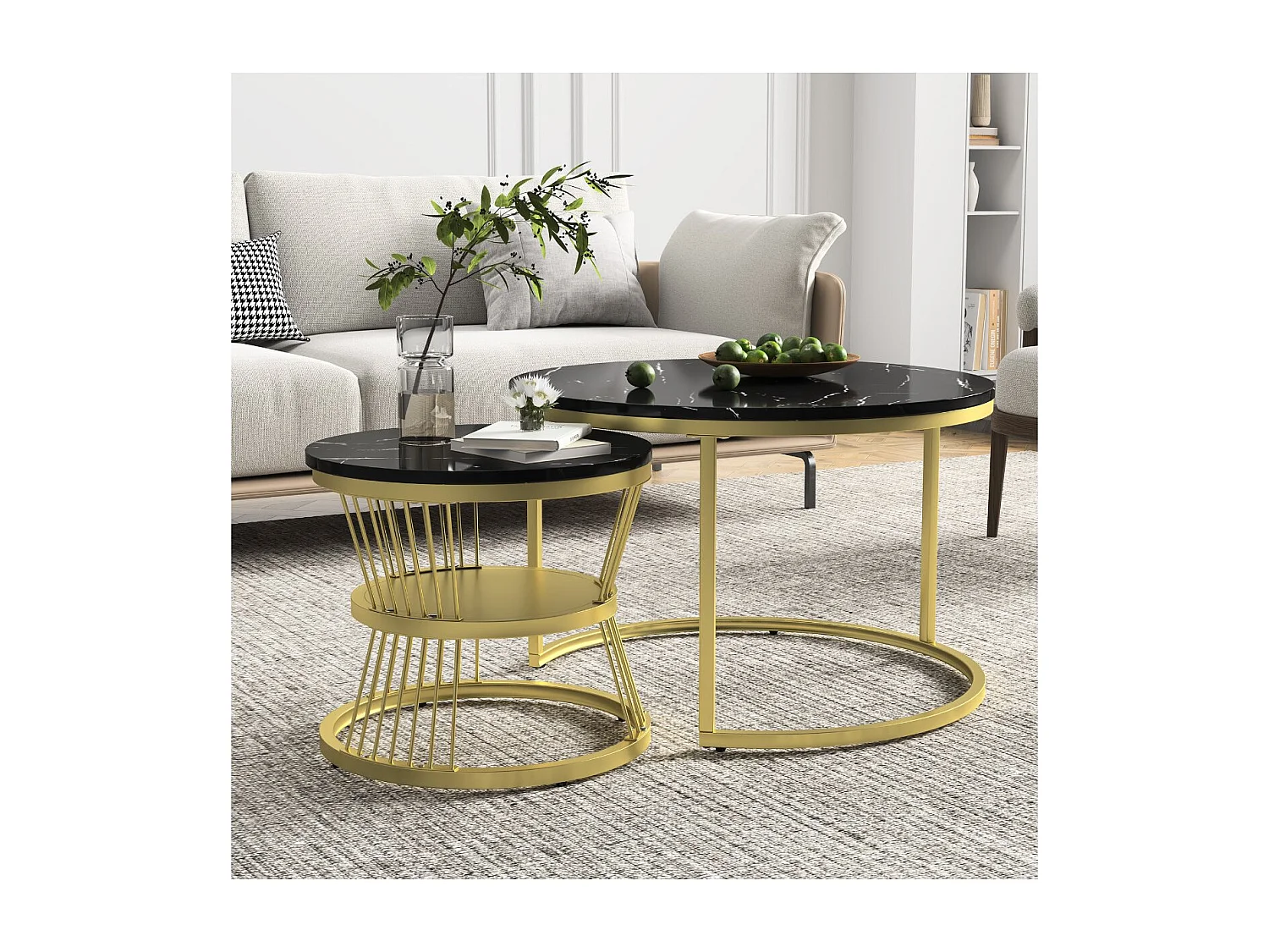 Lot de 2 tables basses gigognes rondes effet marbre, table basse de salon moderne avec structure en métal, noir