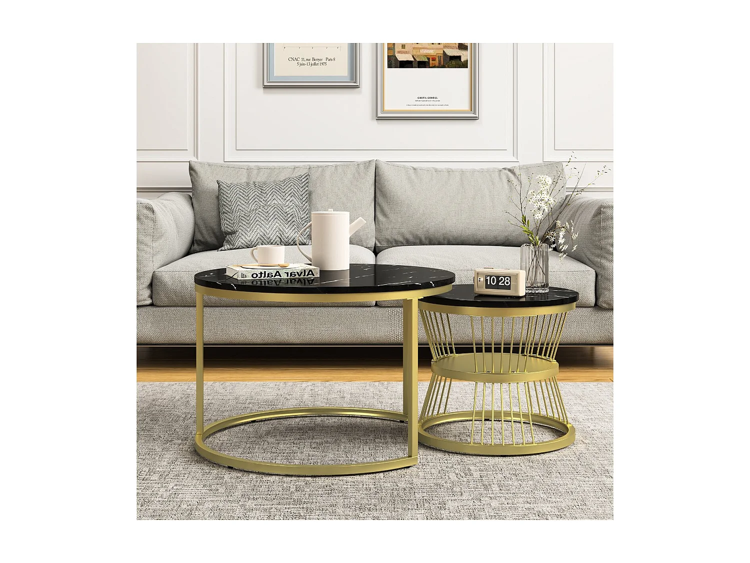 Lot de 2 tables basses gigognes rondes effet marbre, table basse de salon moderne avec structure en métal, noir