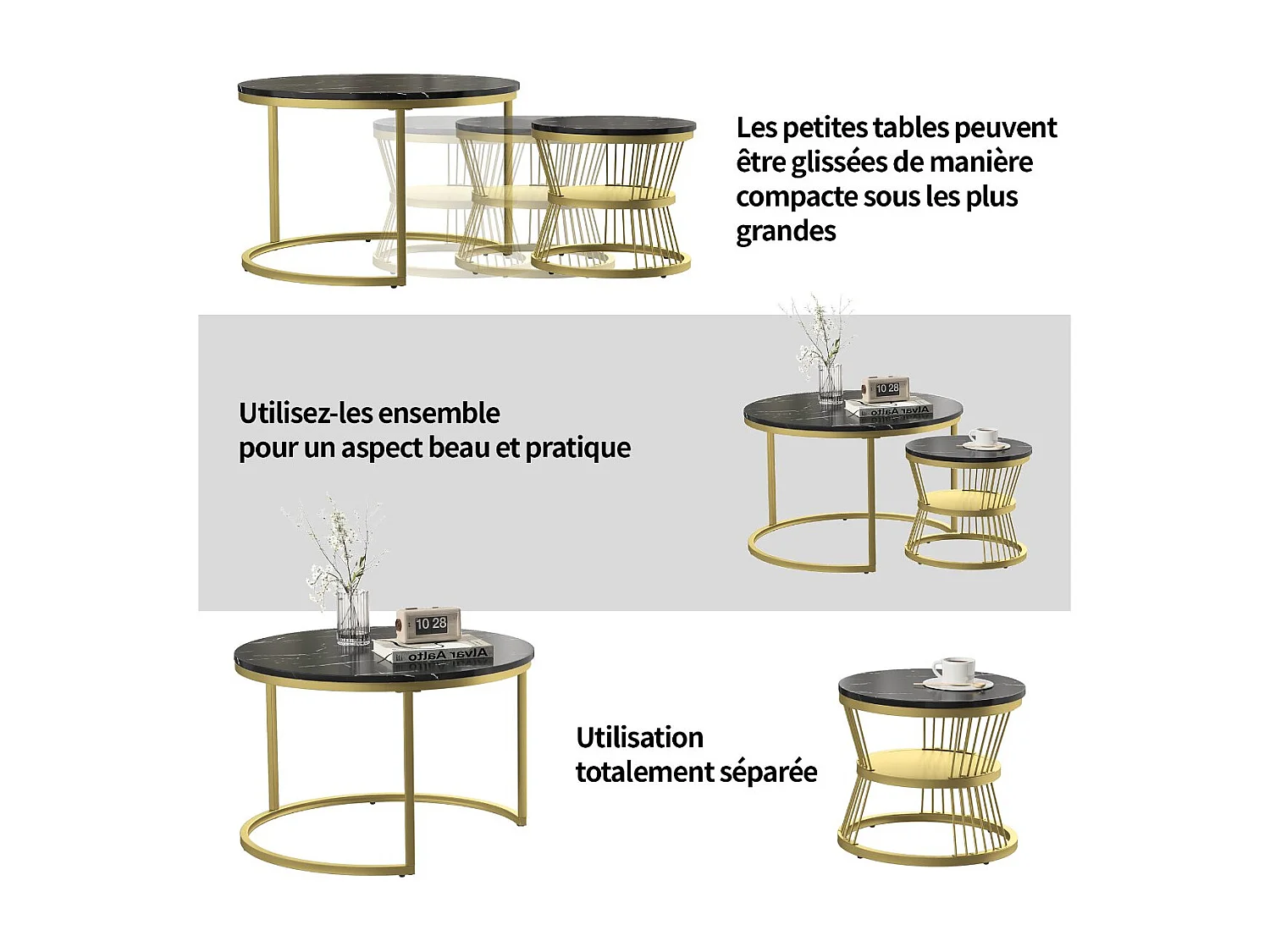 Lot de 2 tables basses gigognes rondes effet marbre, table basse de salon moderne avec structure en métal, noir