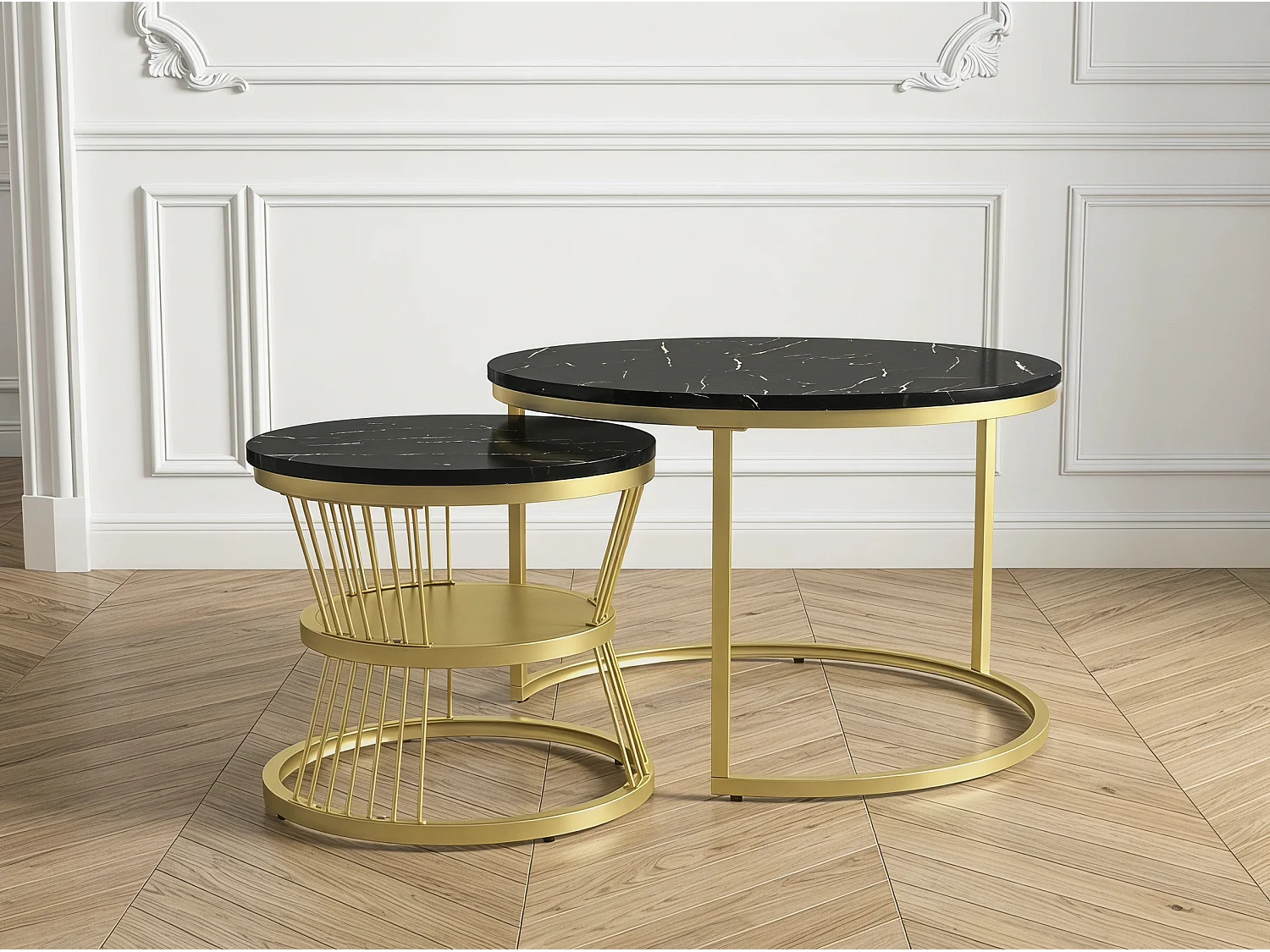 Lot de 2 tables basses gigognes rondes effet marbre, table basse de salon moderne avec structure en métal, noir