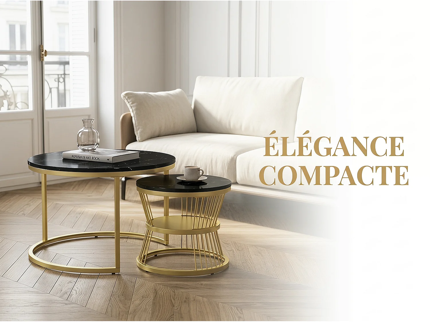 Lot de 2 tables basses gigognes rondes effet marbre, table basse de salon moderne avec structure en métal, noir