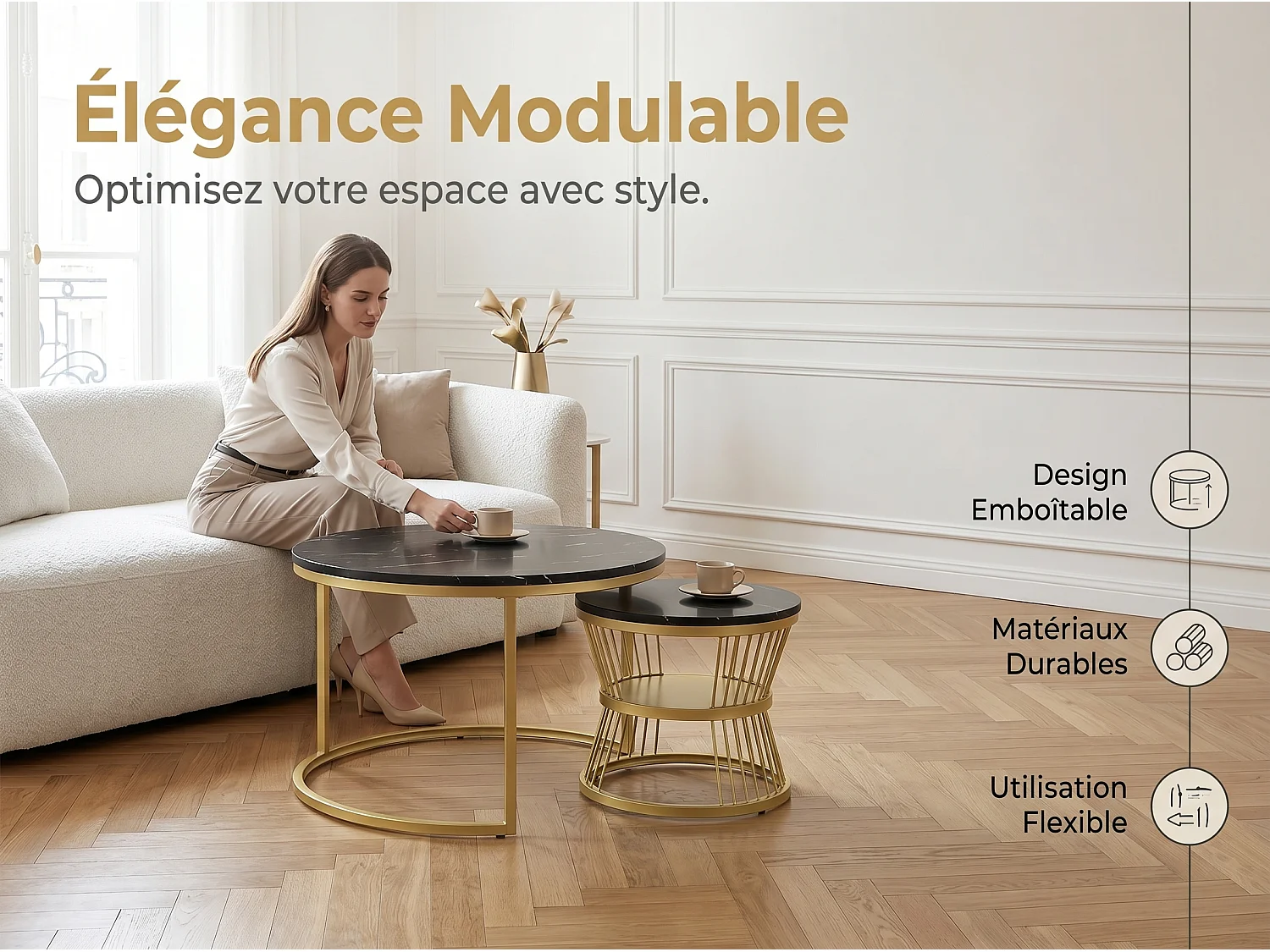 Lot de 2 tables basses gigognes rondes effet marbre, table basse de salon moderne avec structure en métal, noir