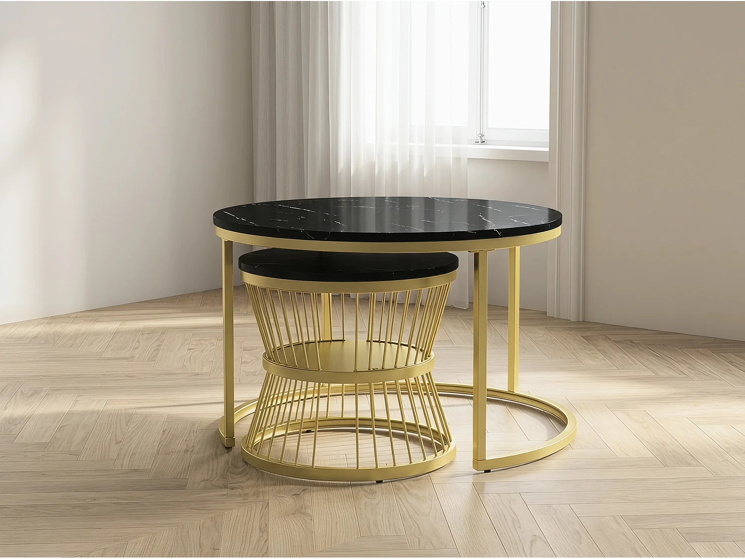 Lot de 2 tables basses gigognes rondes effet marbre, table basse de salon moderne avec structure en métal, noir